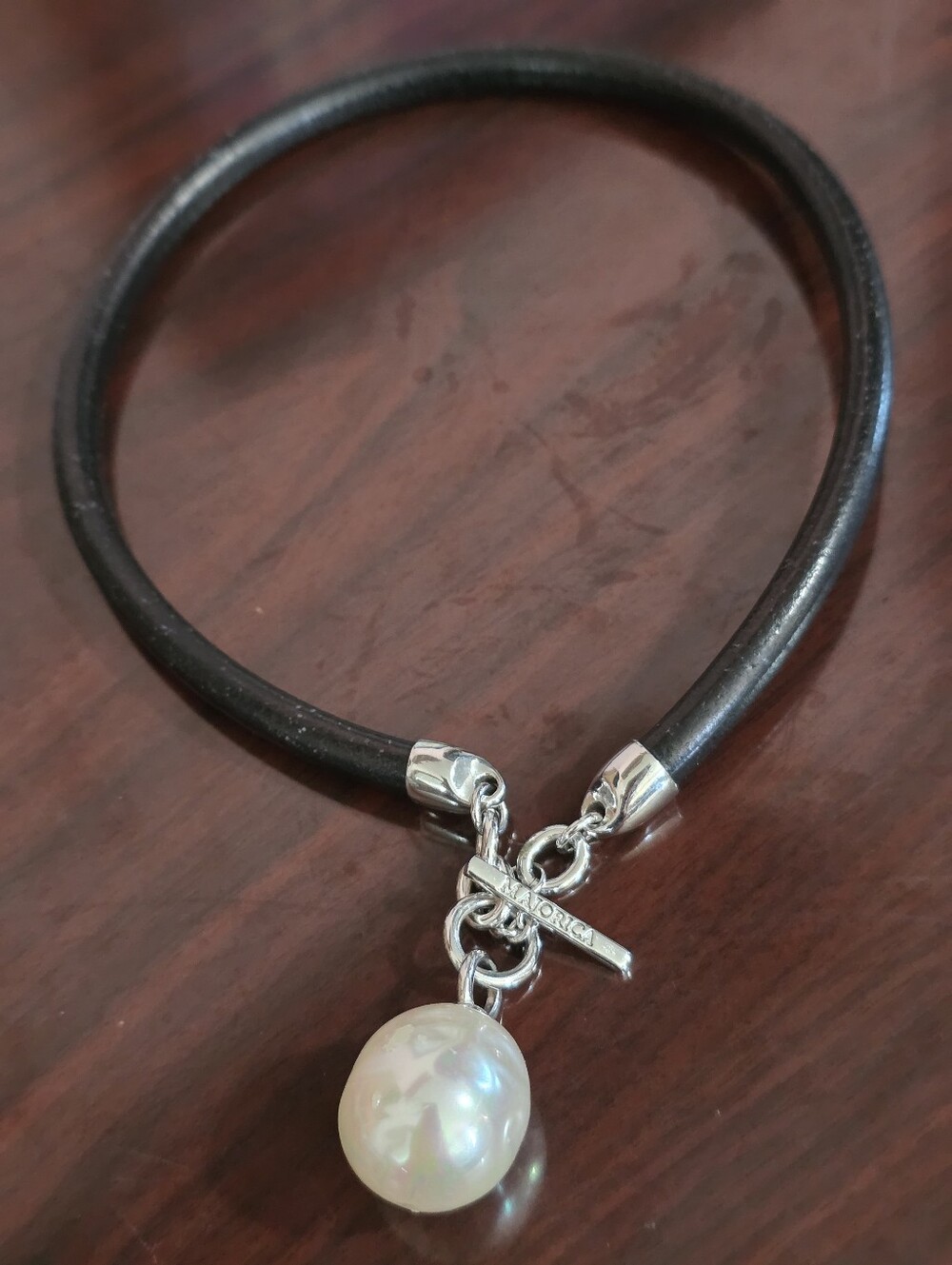MAJORICA LEATHER CHOKER PEARL Black Leather Necklace White Pearl Pendant Y2K